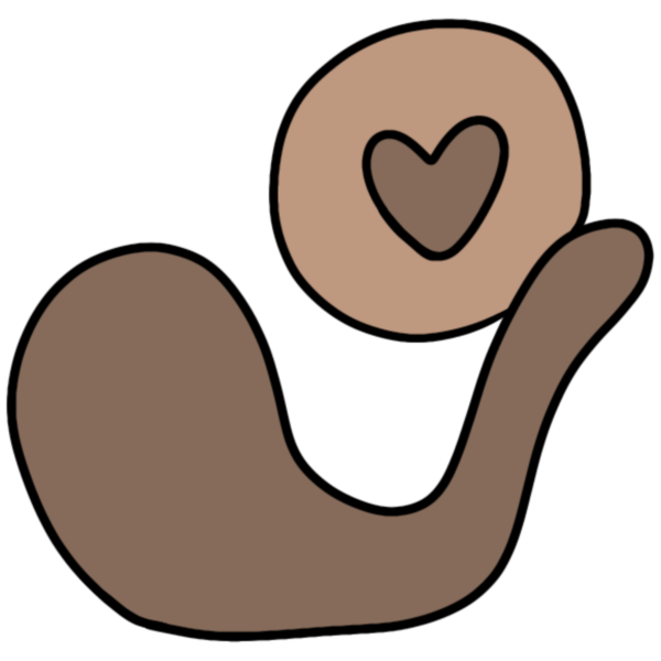 a brown blob with elongated protrusion that is extended towards and touching the edge of a light brown circle with a small brown heart in the center.